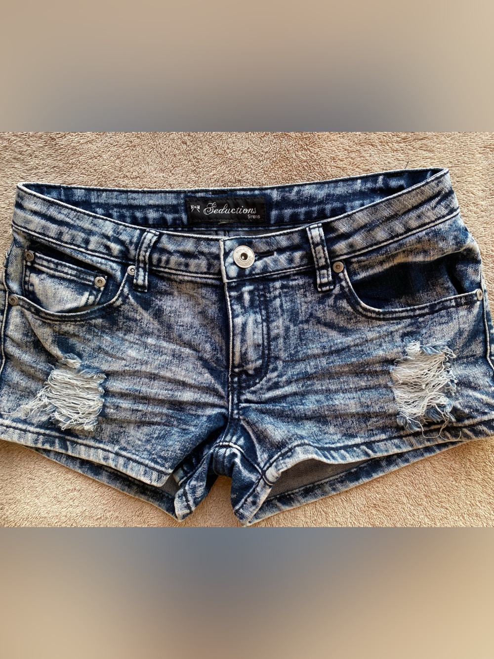 Y2K Seductions by Sirens Acid Wash Low Rise Distressed Denim Micro Shorts 7